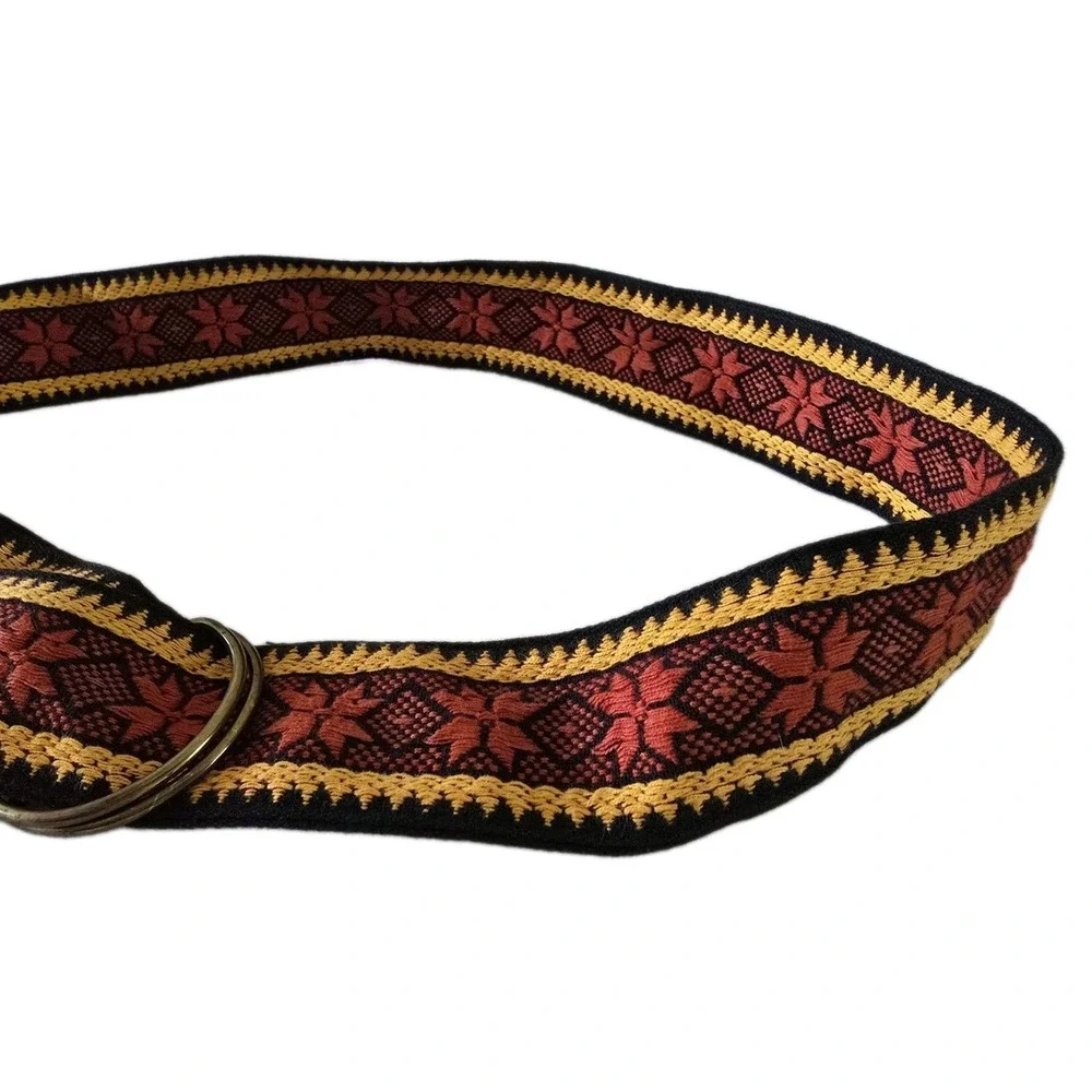 Womens 70s Vintage Woven Red Fabric Belt Brass D Buckle Star Pattern